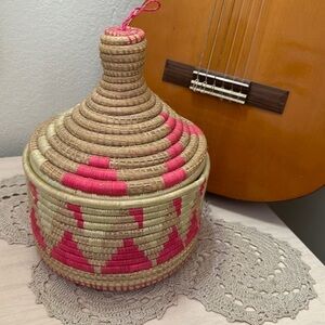 Handmade bohemian chic basket chartreuse green pink